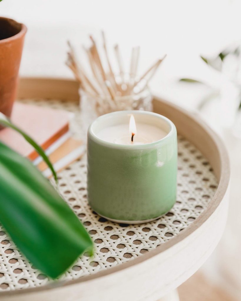 Hazel and Blue retro green candle collaboration with roundabout ceramics